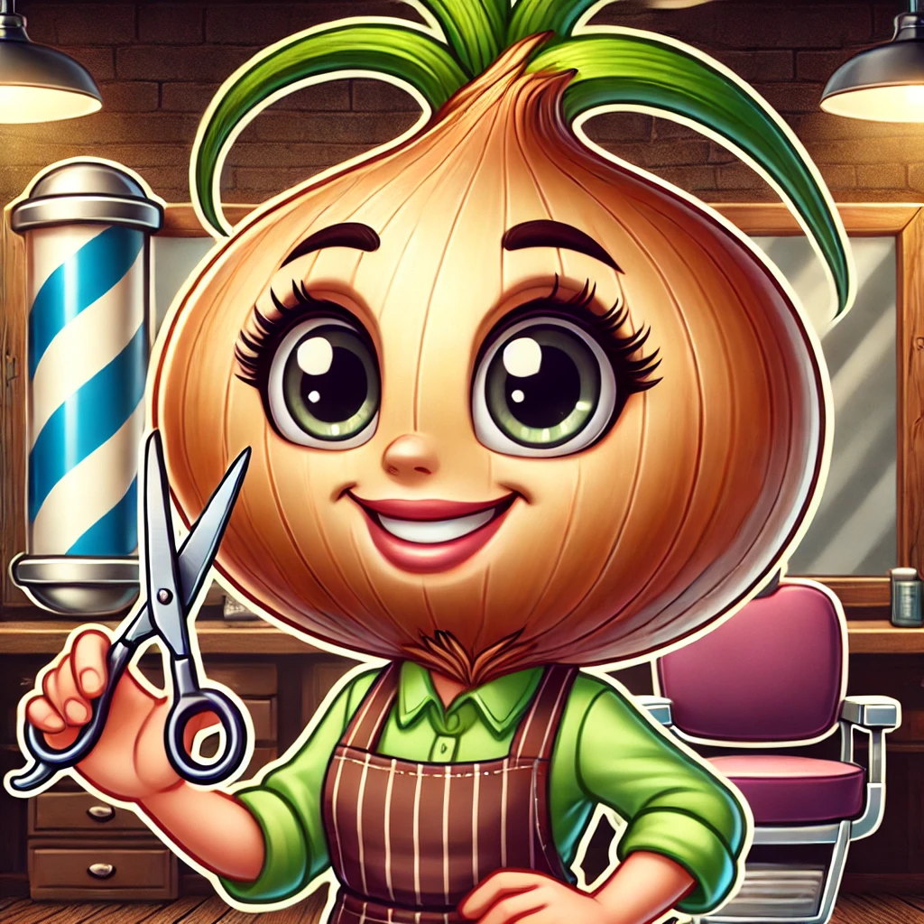 DALL·E 2025-03-25 15.26.32 – A cartoon-style anthropomorphic female onion dressed as a barber. The onion has expressive, friendly eyes and a cheerful smile. She wears a stylish ba Roots kappersbenodigdheden Aalst